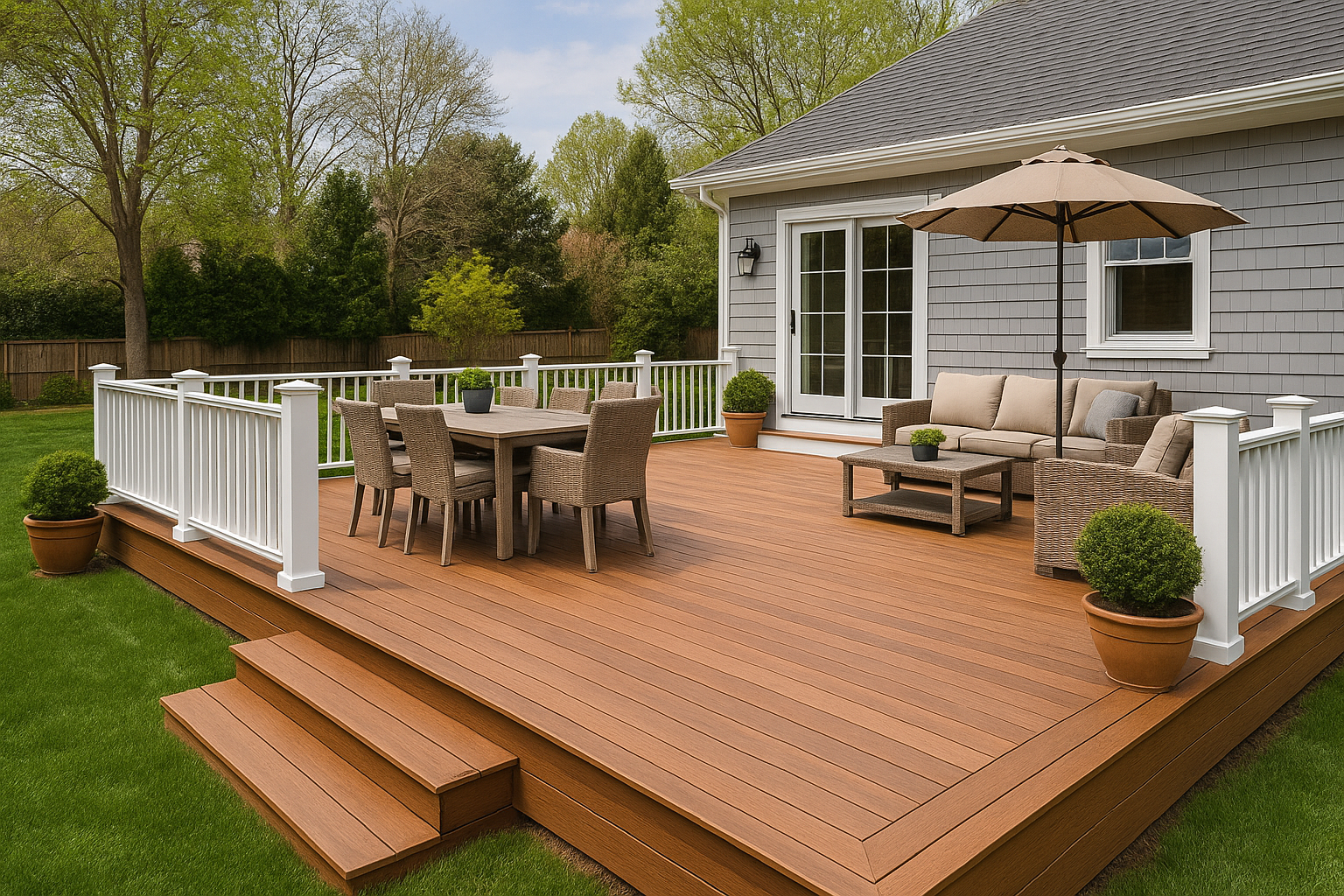 A spacious Westchester County backyard deck with rich reddish-brown composite planks, white railings, wicker dining set and lounge seating under a large umbrella, showcasing a custom outdoor living space by Renzi’s Home Improvements.